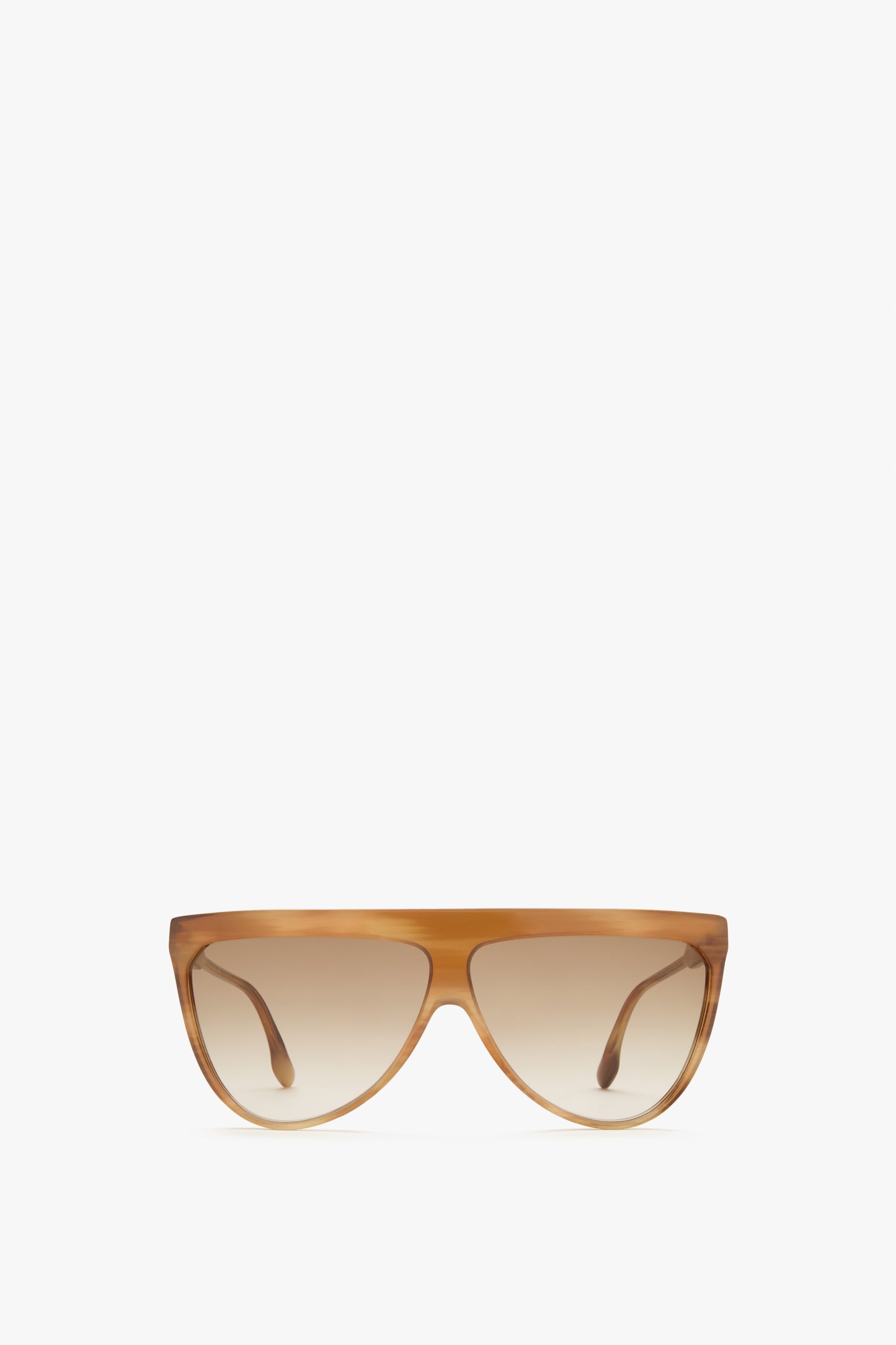A pair of iconic Victoria Beckham Classic Flat Top V Sunglasses in Honey Horn with gradient brown lenses, crafted from luxurious horn-effect acetate and offering 100% UV protection, displayed against a plain white background.