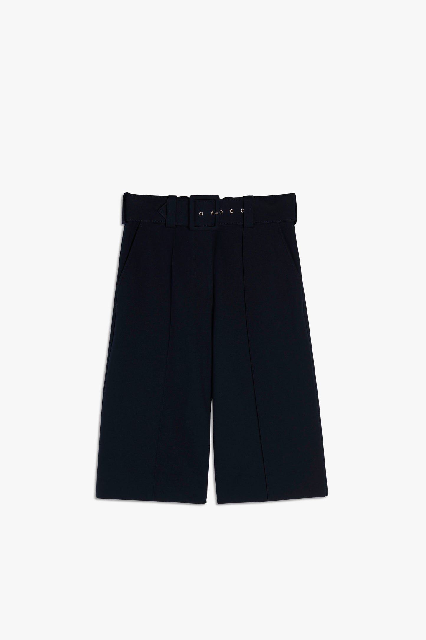 Victoria Beckham's Belted Jersey Culottes in Dark Navy, crafted from ponte jersey for a flattering fit, shown on a plain white background.