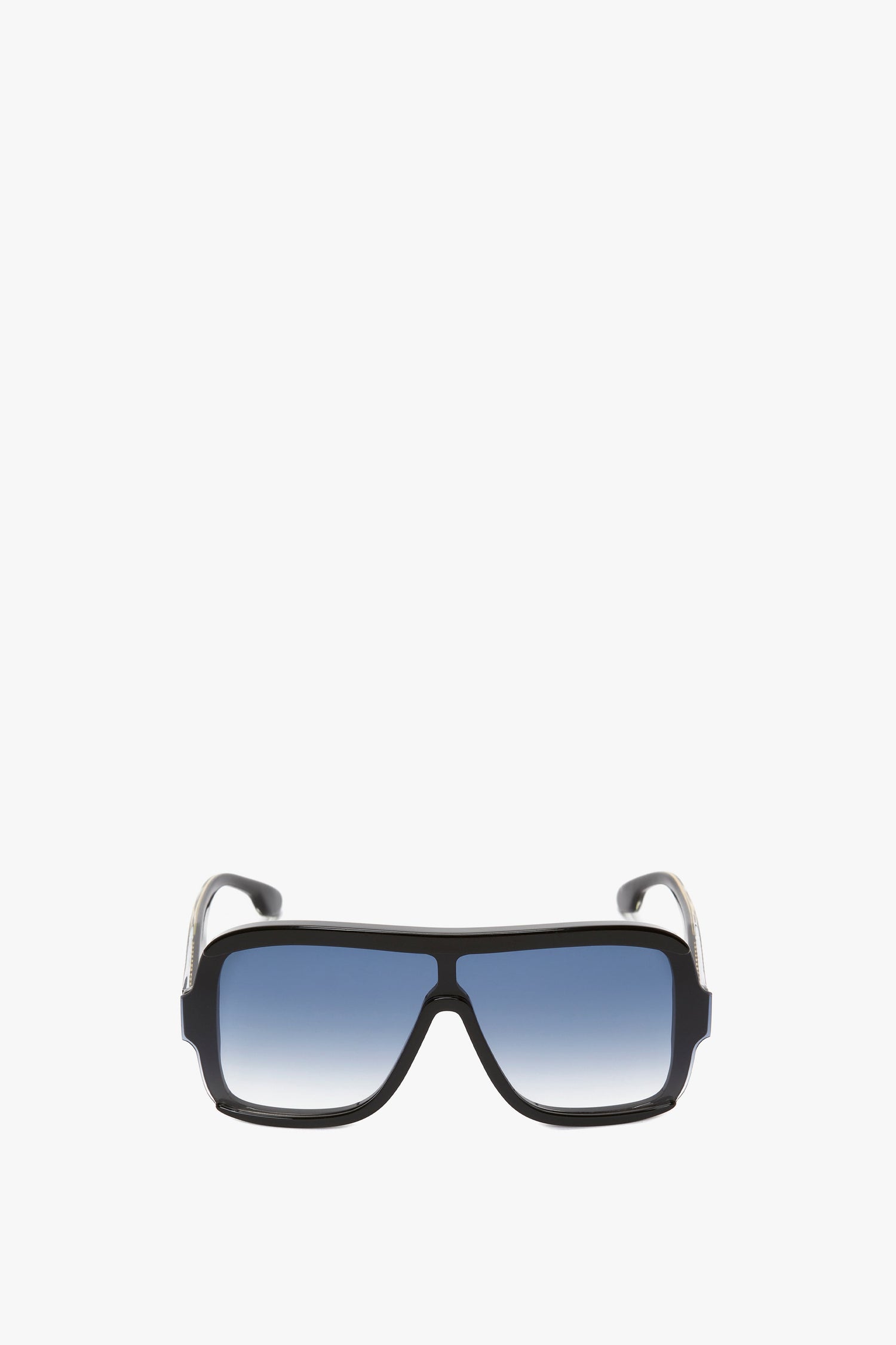 A pair of Victoria Beckham Layered Mask Sunglasses in black gradient with blue tinted lenses and silver accents on the temples, isolated on a white background.