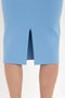 Close-up of a person wearing a light blue Fitted Midi Skirt In Marina by Victoria Beckham with a front slit, showcasing contemporary polish by revealing parts of their legs.