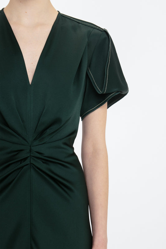 Gathered V-Neck Midi Dress In Seaweed