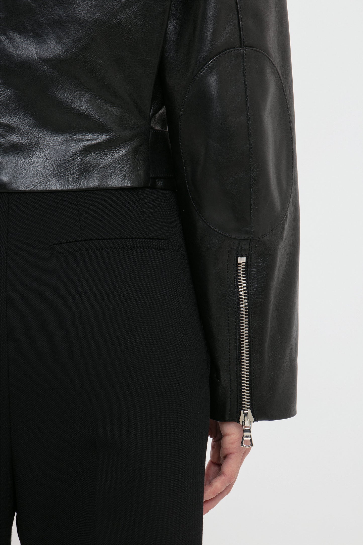 Cropped Belted Leather Biker Jacket In Black