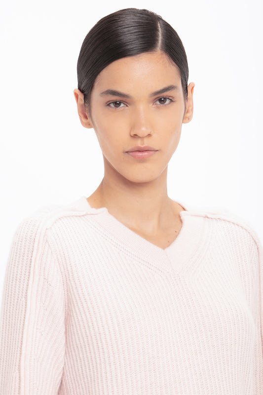 V Neck Knitted Jumper In Pale Peach