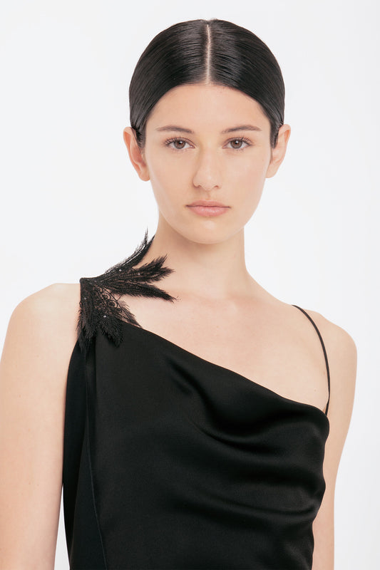 Asymmetric Draped Cami Gown In Black