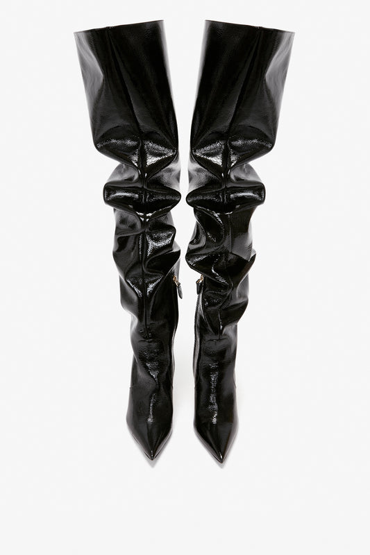 Thigh High Pointy Boot in Black Patent