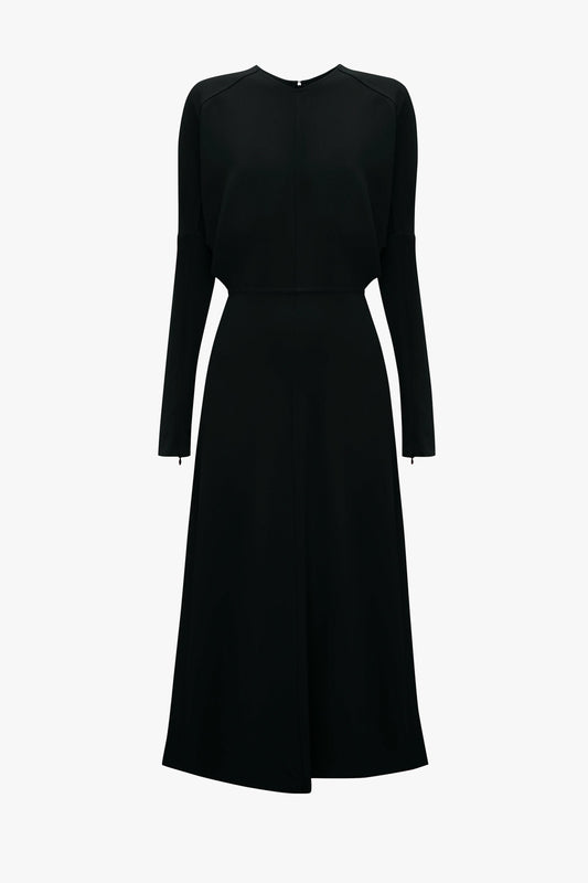 A plain black Victoria Beckham Dolman sleeve midi dress on a white background, featuring a fitted waist and a flared skirt.