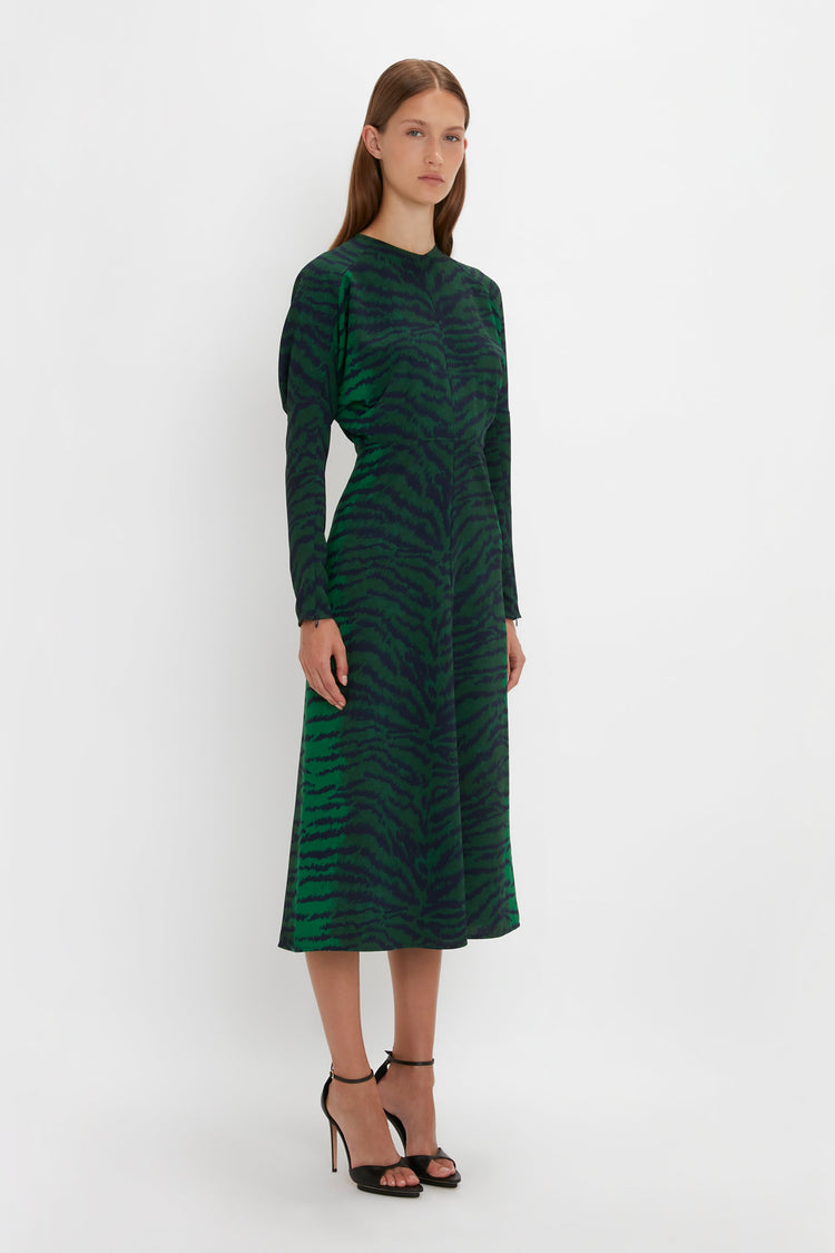 Dolman Midi Dress In Green-Navy Tiger Print – Victoria Beckham