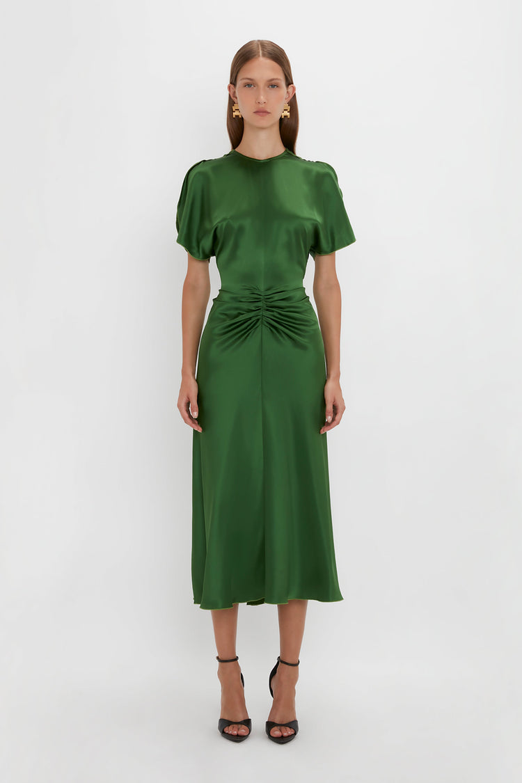 Exclusive Gathered Waist Midi Dress In Emerald