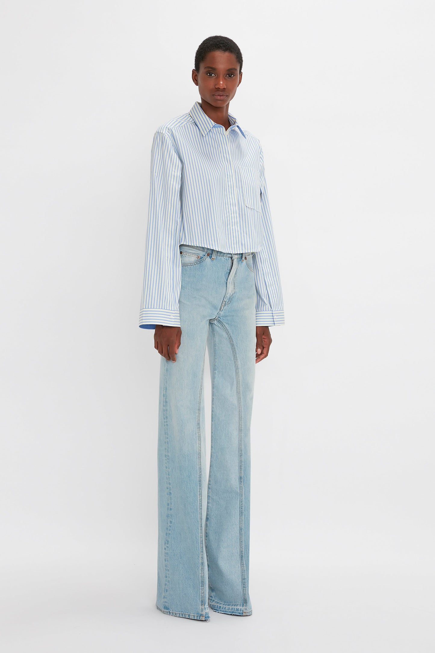 Button Detail Cropped Shirt In Chamomile Blue Stripe