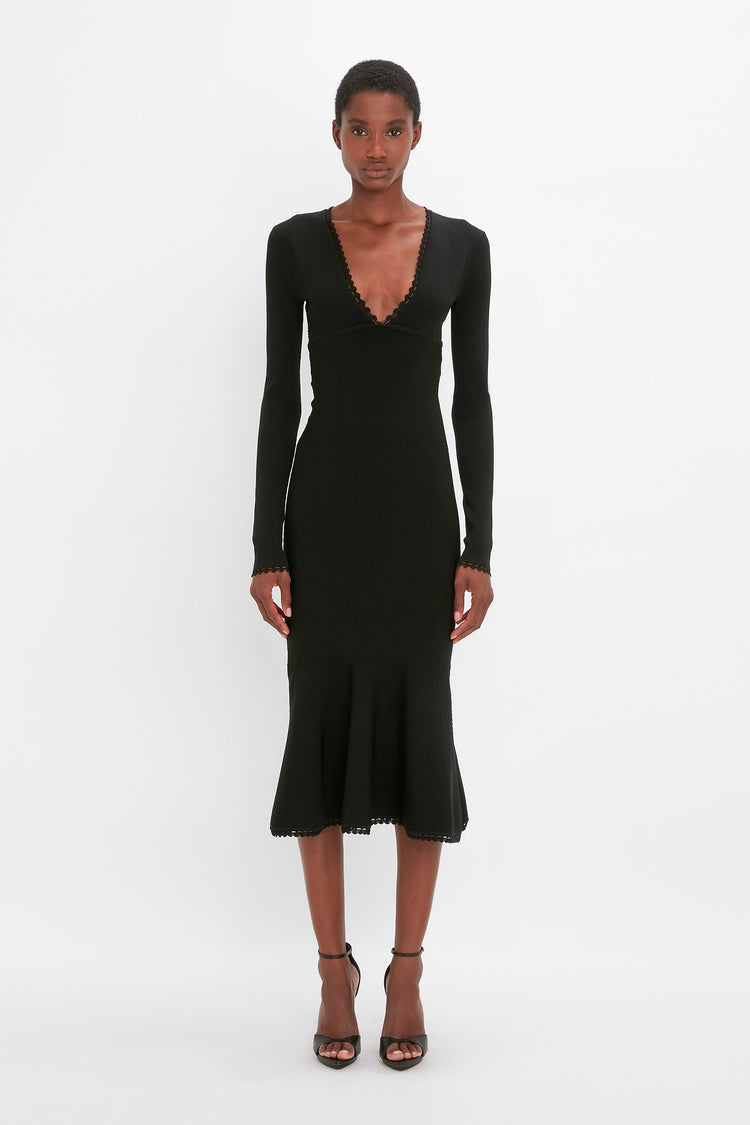 VB Body Long Sleeve V Neck Dress In Black – Victoria Beckham