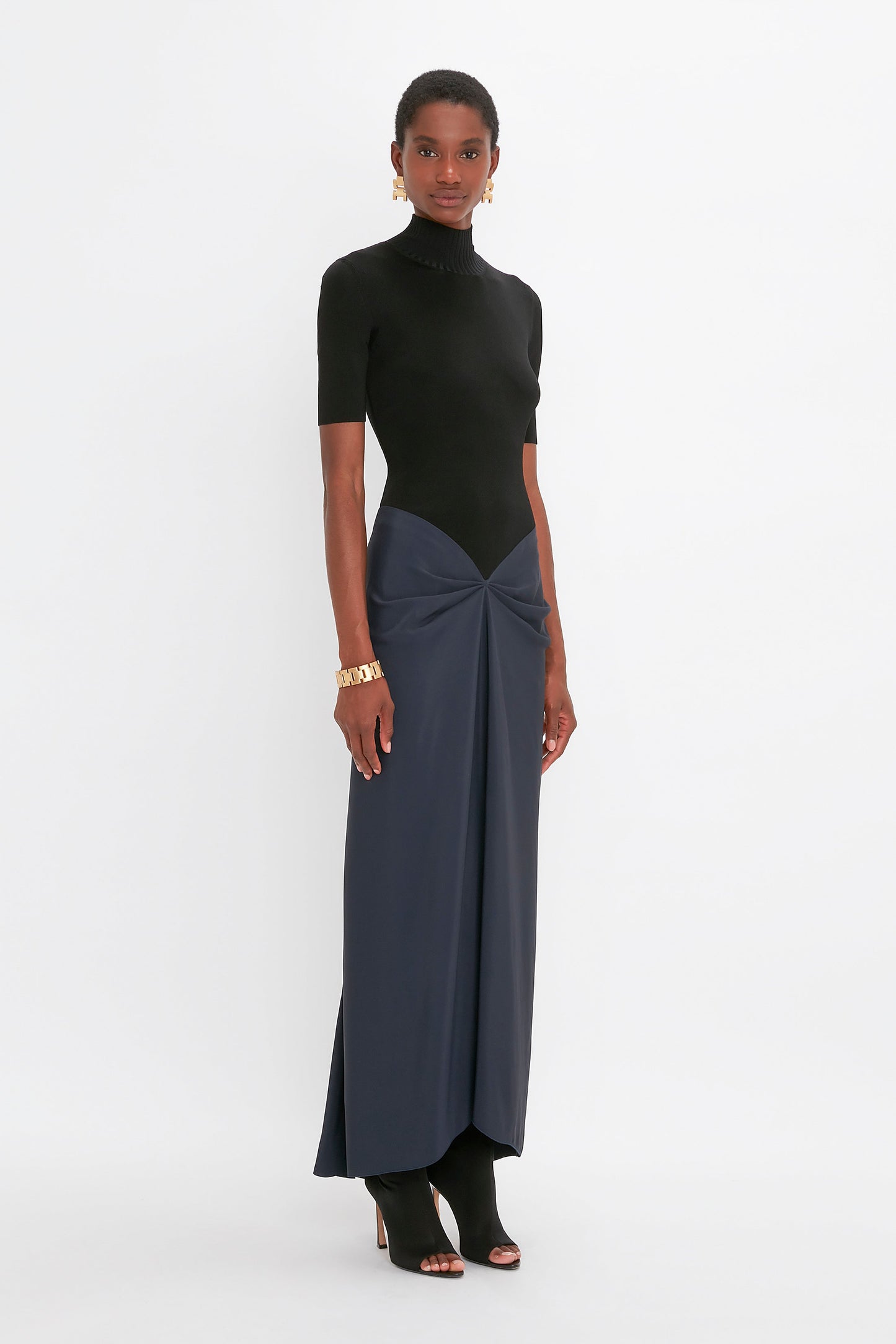 Polo Neck Gathered Dress In Midnight