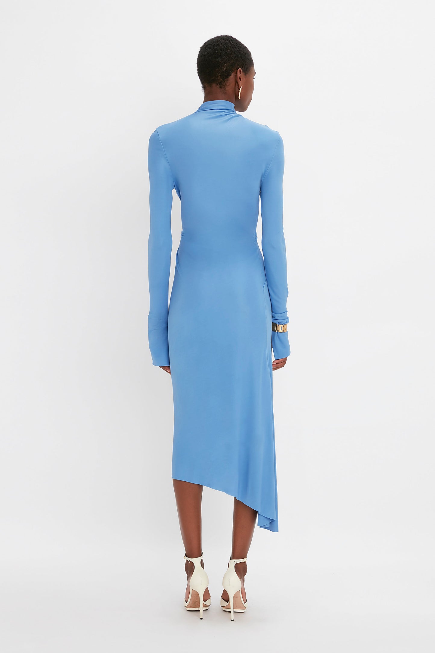 High Neck Asymmetric Draped Dress In Oxford Blue