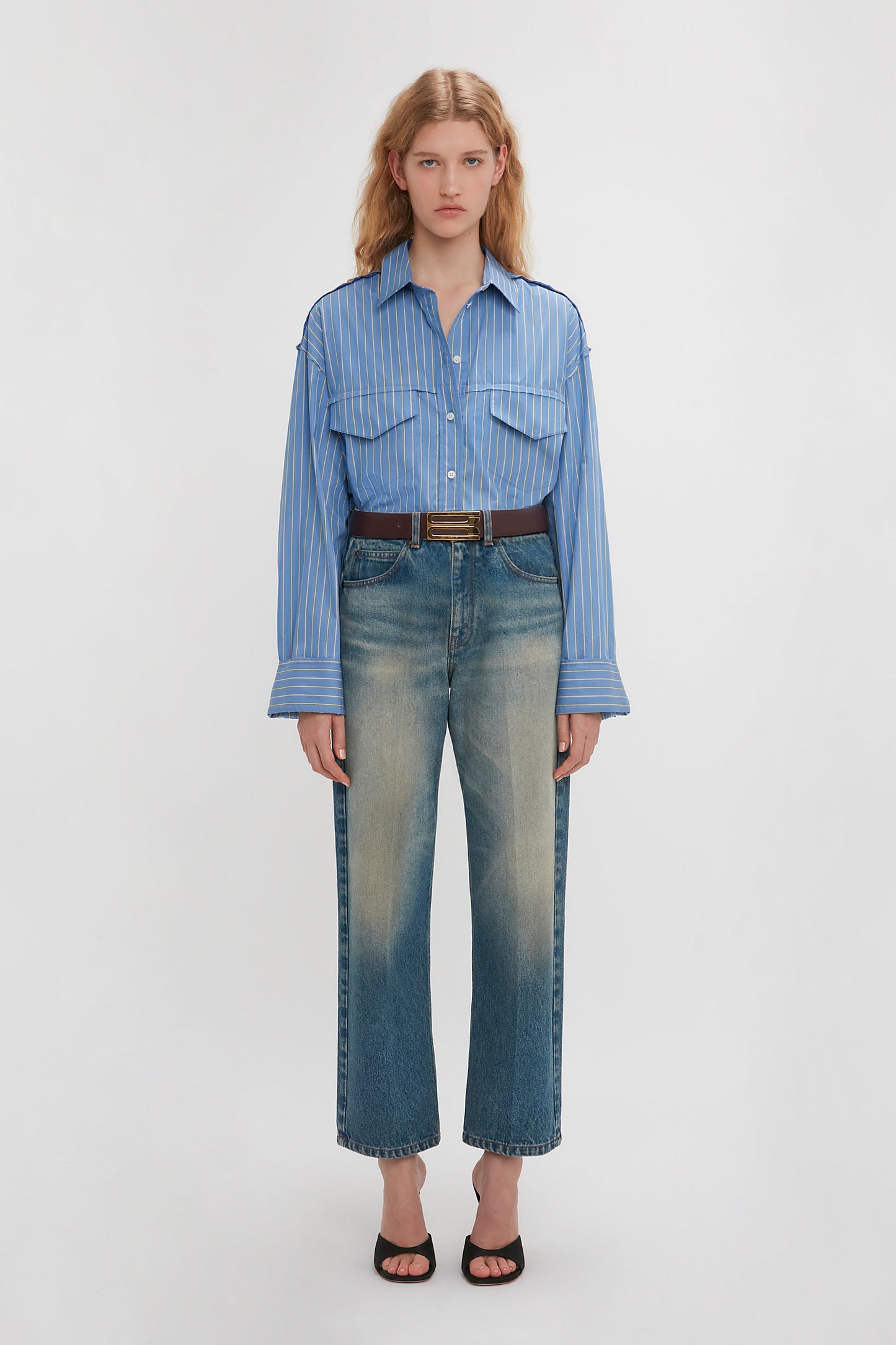 Cropped Seam Detail Shirt In Steel Blue