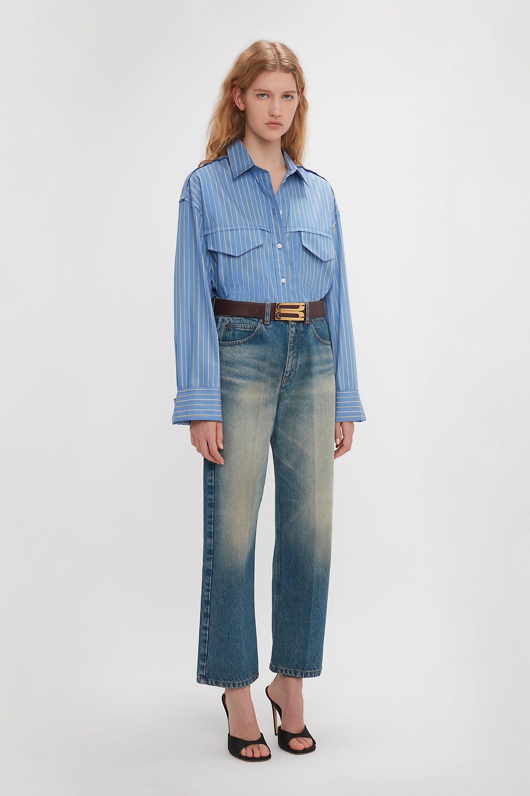 Cropped Seam Detail Shirt In Steel Blue – Victoria Beckham