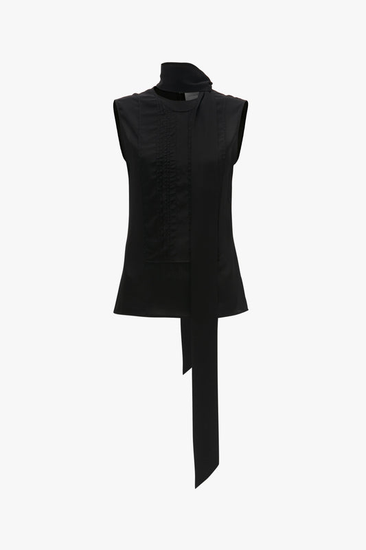 Sleeveless Tie Neck Top In Black by Victoria Beckham made from crepe de chine silk featuring a high neck and a stylish double neck tie attachment.
