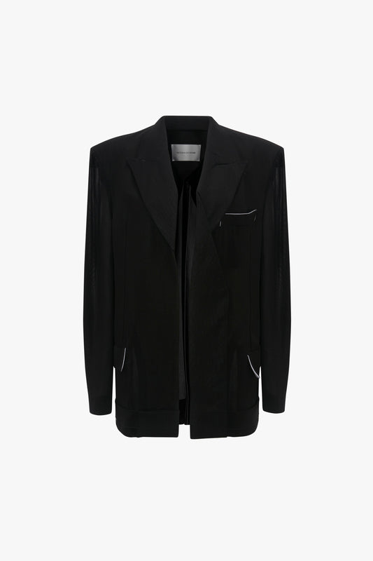 A black Victoria Beckham Fold Detail Tailored Jacket with a notched lapel, two-button front closure, and front pockets, displayed against a white background.