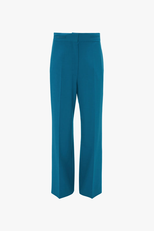 Teal-colored, high-waisted, Waistband Detail Straight Leg Trouser In Petroleum by Victoria Beckham with front pleats.