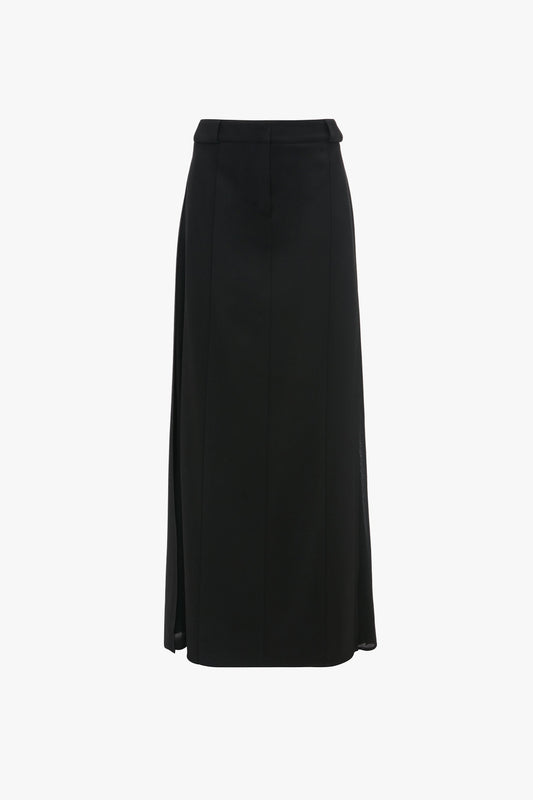 A black, ankle-length, Tailored Floor-Length Skirt In Black by Victoria Beckham with a structured waistband and subtle pleating details creates a sophisticated silhouette.