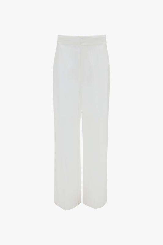 A pair of white, high-waisted, wide-leg Waistband Detail Straight Leg Trouser In White with a tailored fit, crafted from featherweight wool, displayed on a plain background by Victoria Beckham.