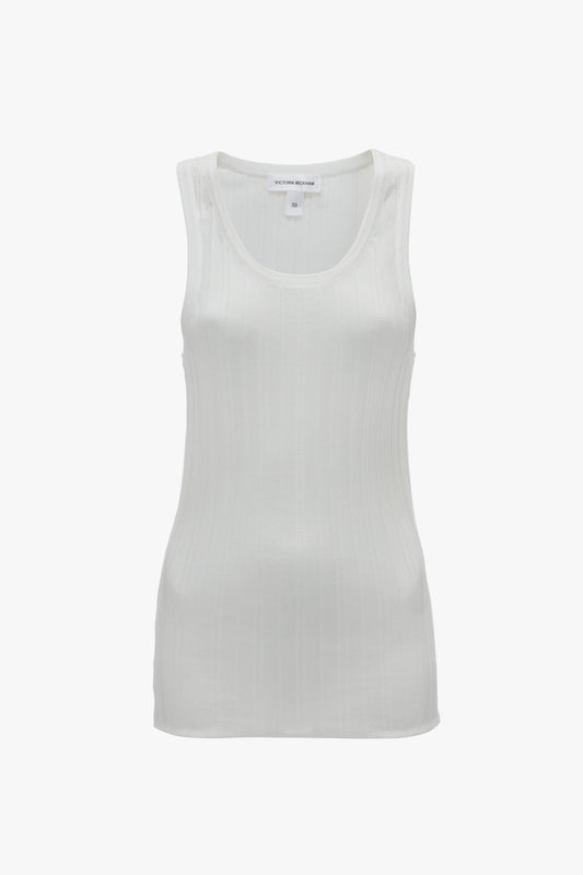 Victoria Beckham's Fine Knit Vertical Stripe Tank in White features a white sleeveless ribbed design with a subtle textured appearance, displayed elegantly on a plain white background.