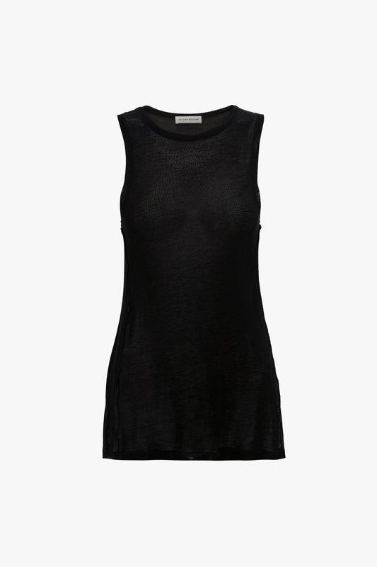 A Lightweight Tank Top In Black by Victoria Beckham, with a sleeveless cut, made of slightly sheer fabric, displayed against a plain white background.