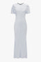 A long, fitted Gathered Sleeve Midi Dress In Ice by Victoria Beckham features a graceful godet insert for added flair.