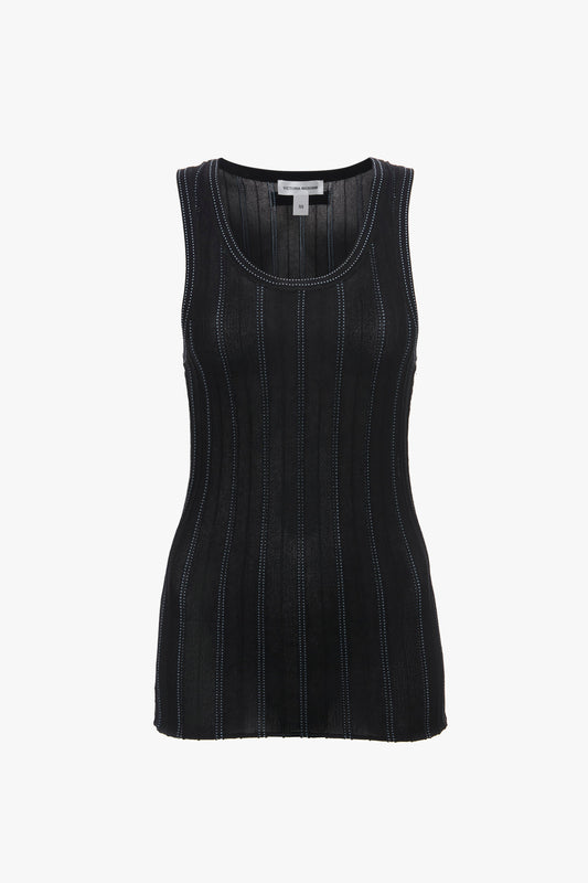 A Victoria Beckham Fine Knit Vertical Stripe Tank In Black-Blue: a black, sleeveless ribbed knit tank top with vertical stitching details, displayed against a white background.