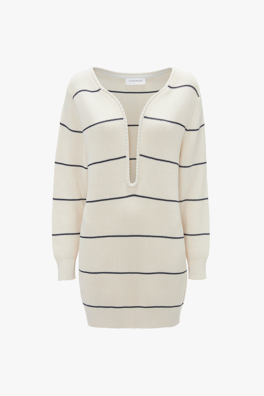 A Victoria Beckham Frame Detail Jumper Dress In Natural-Navy with black horizontal stripes and a deep V-shape neckline, made from mid-weight knit.
