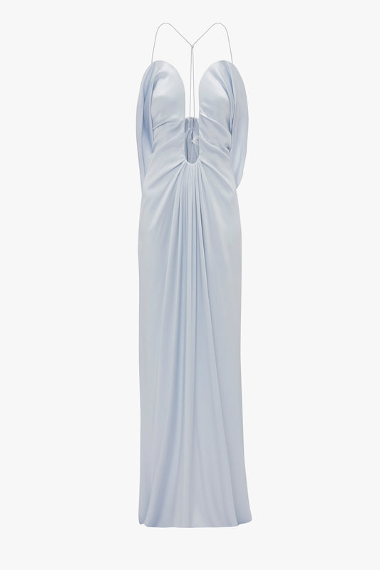 Light blue Frame Detail Cut-Out Cami Dress In Ice by Victoria Beckham with a deep neckline, ruched detailing, and a touch of elegance in crepe back satin for the perfect eveningwear.