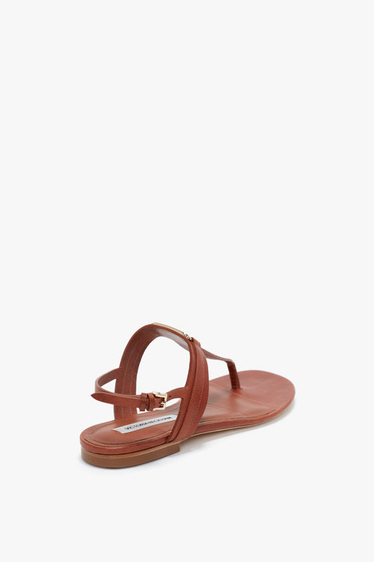 A Flat Chain Sandal In Tan Leather by Victoria Beckham shown from the back angle, featuring thin calfskin leather straps and a small buckle closure, enhanced with an adjustable ankle strap.