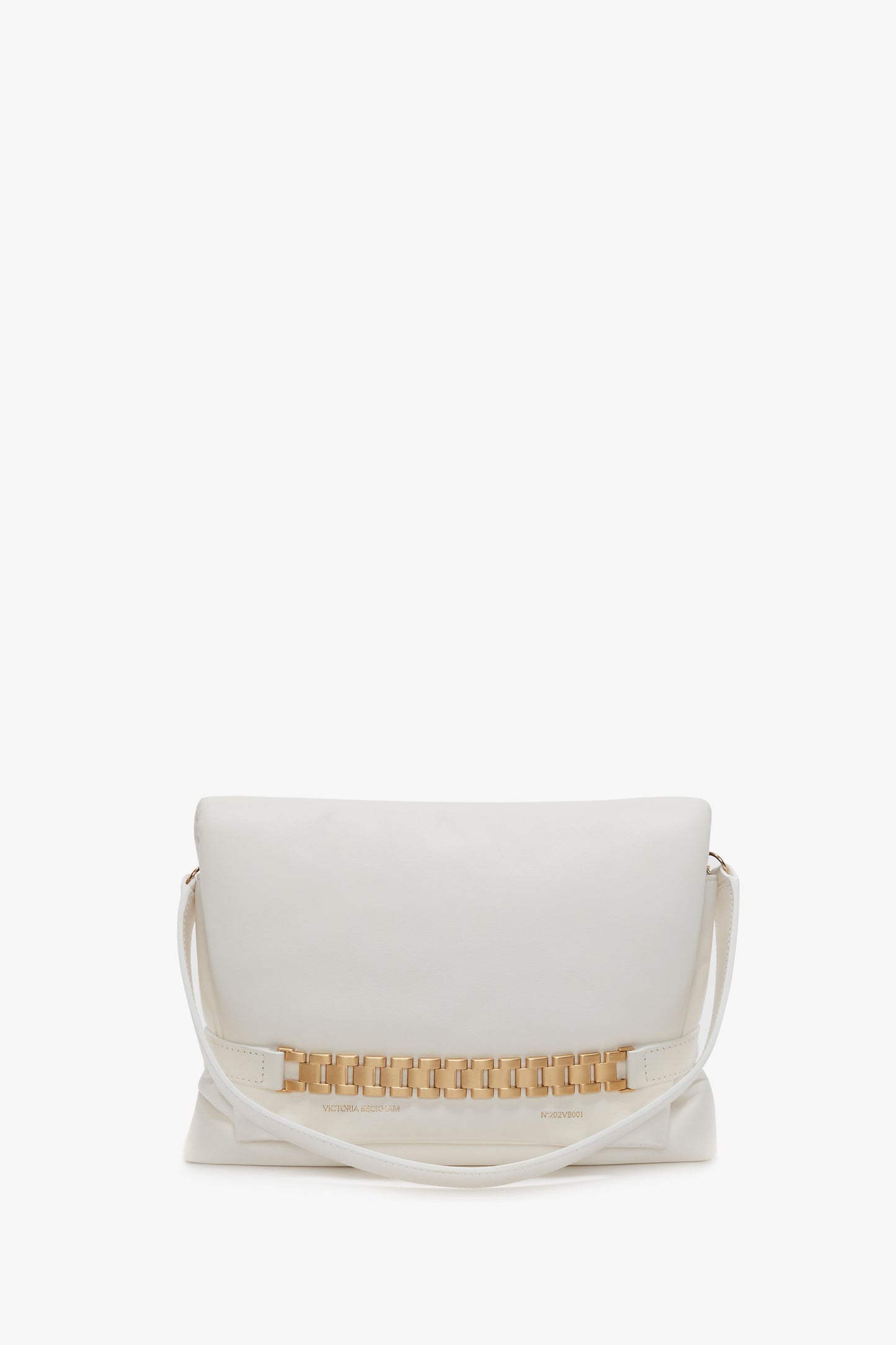 A Victoria Beckham Puffy Chain Pouch Bag With Strap In White Leather with a gold chain detail on the front and a detachable shoulder strap.