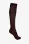 A single burgundy knee-high sock featuring vertical white pinstripes on a white background, crafted from 100% cotton for comfort and durability. These Superfine Rib Socks In Burgundy by Victoria Beckham effortlessly combine style and sophistication.