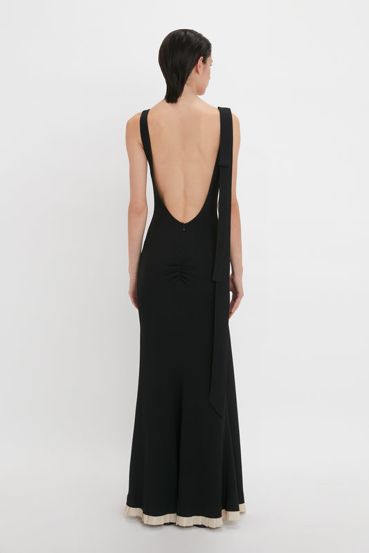 V-Neck Gathered Waist Floor-Length Gown In Black
