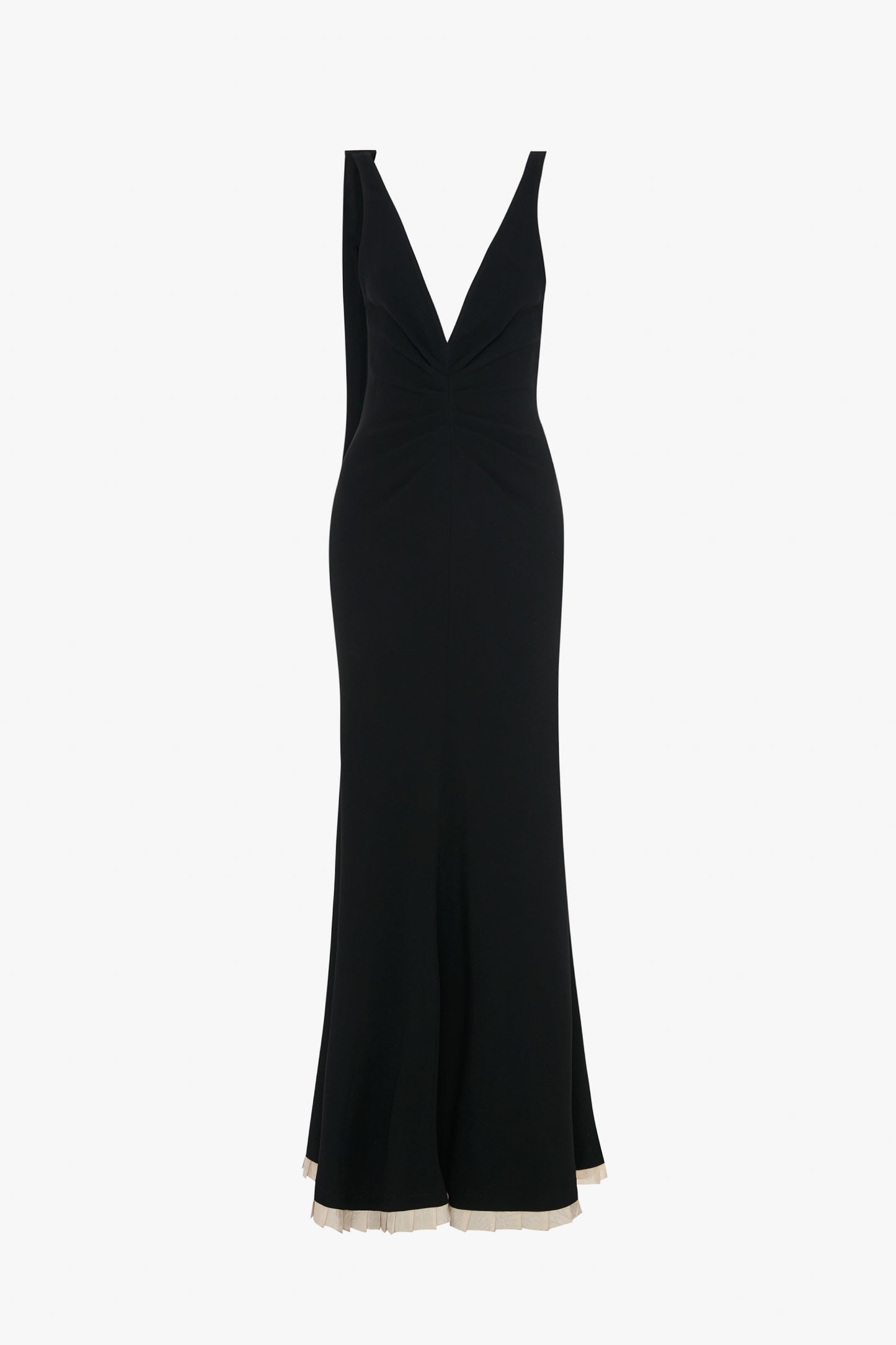 A Victoria Beckham V-Neck Gathered Waist Floor-Length Gown In Black, with a deep-V neckline and a fitted design, creating a flattering silhouette. The hem features a subtle beige lining.