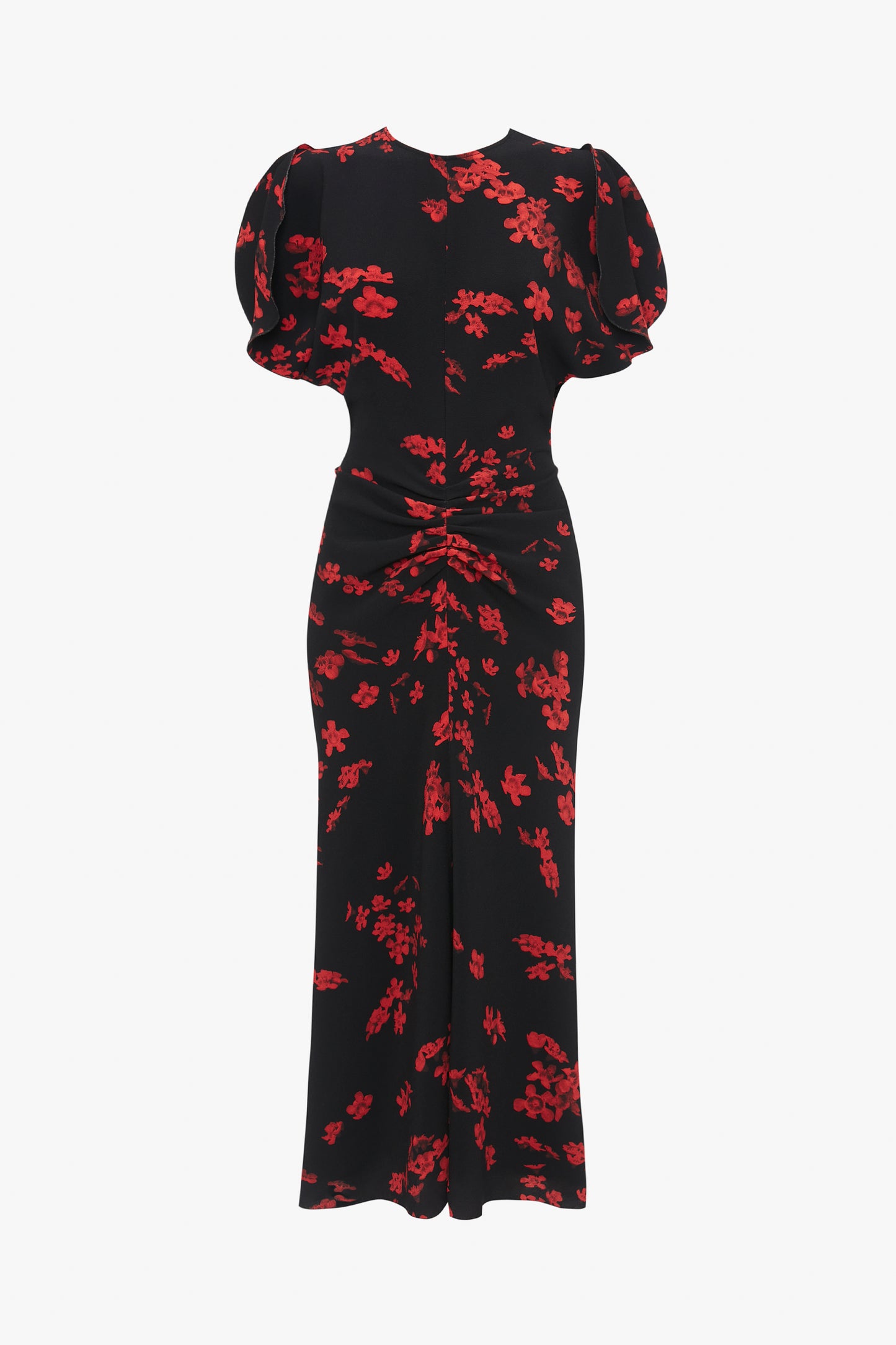 A Gathered Waist Midi Dress In Sci-Fi Black Floral by Victoria Beckham featuring puffed short sleeves and a red floral pattern, gathered at the waist for a fit-and-flare silhouette, extending to mid-calf.