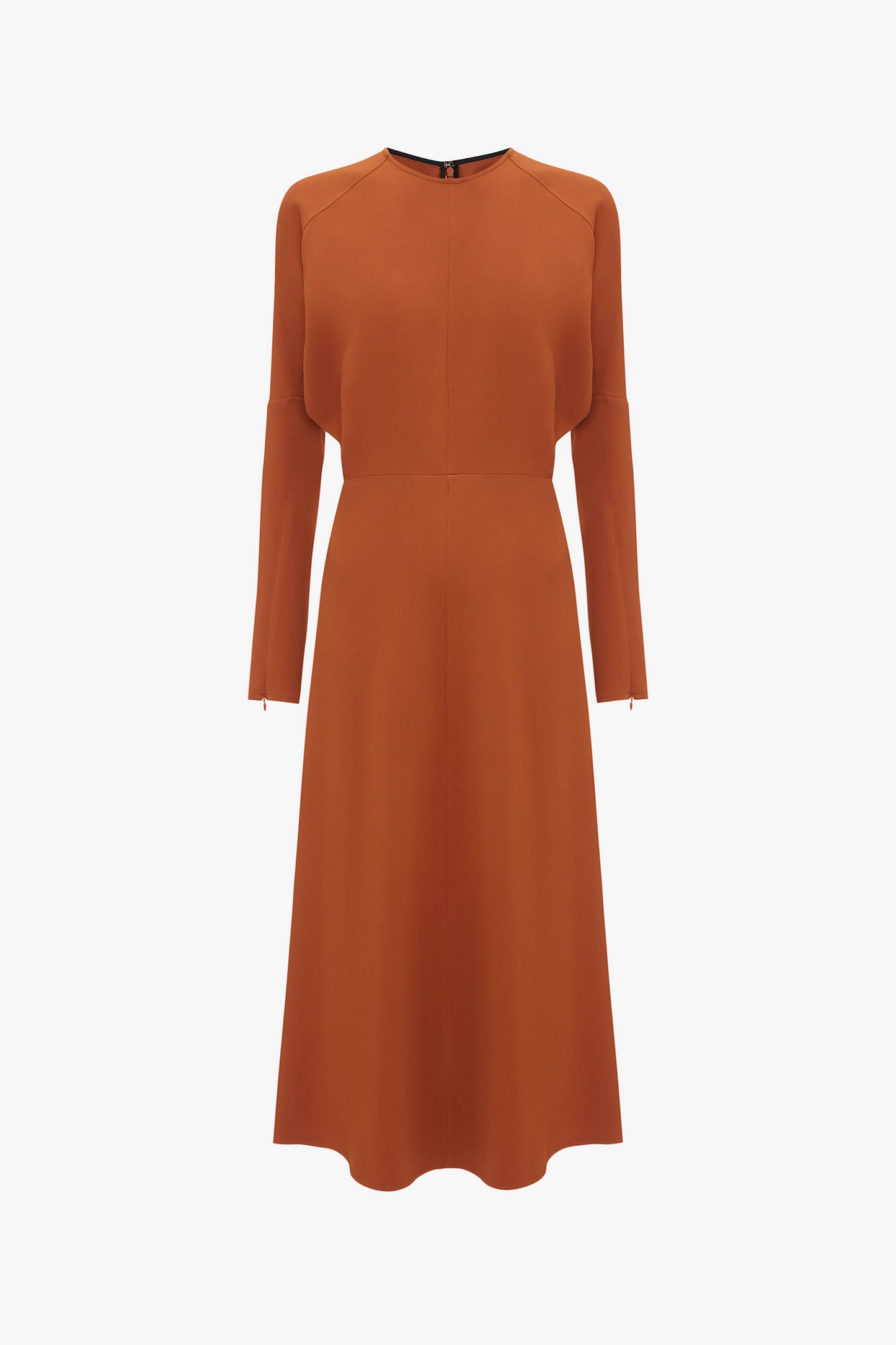 A Victoria Beckham Dolman Midi Dress in Russet with a fitted waist and flared skirt, displayed on a plain white background.