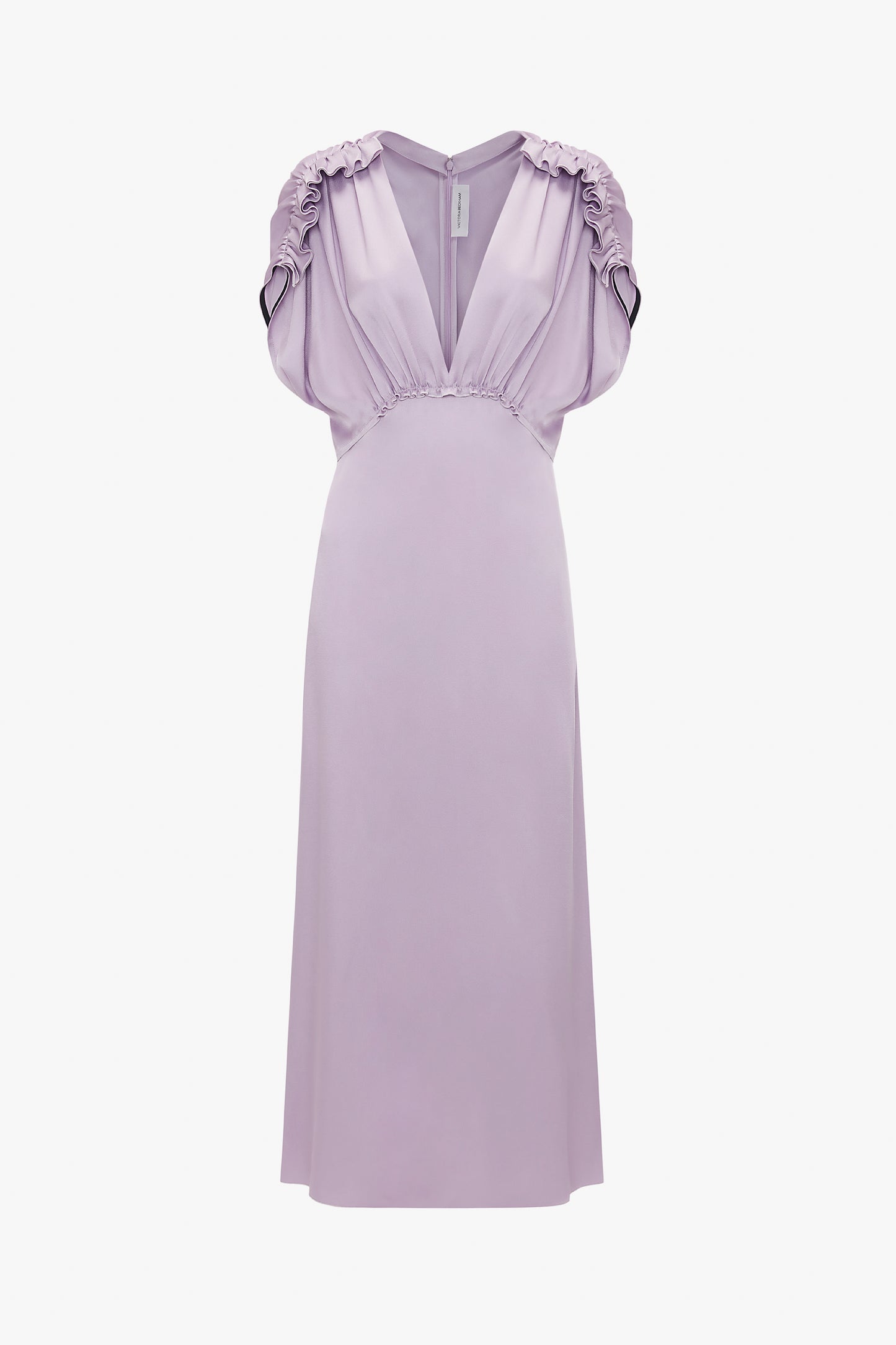 A stunning V-Neck Ruffle Midi Dress In Petunia by Victoria Beckham, featuring gathered shoulder details and a mid-length hem, reminiscent of Victoria Beckham's elegant dress designs, displayed on a white background.