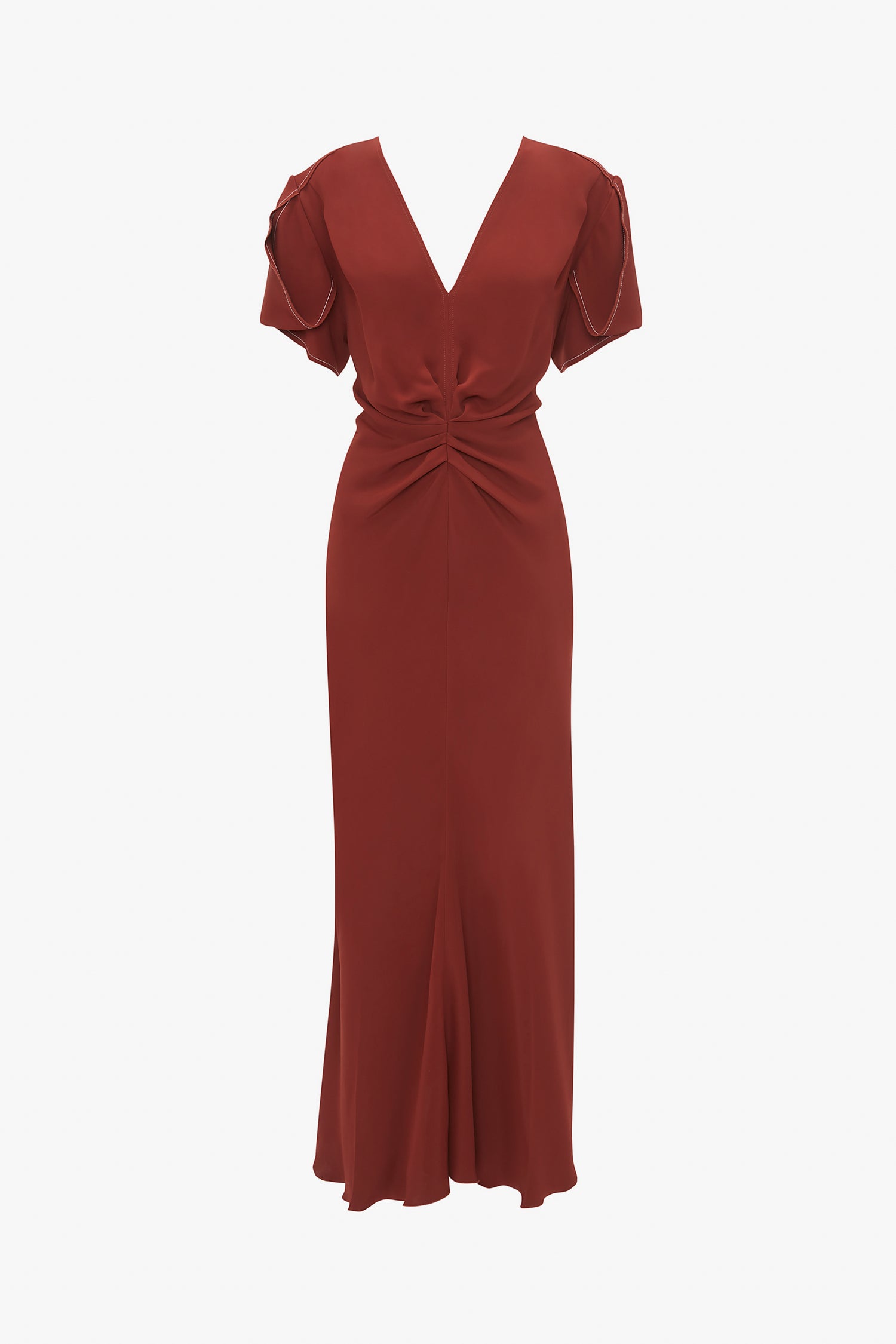 The Victoria Beckham Gathered V-Neck Midi Dress In Russet features short sleeves and a waist-defining pleat detail, crafted from figure-flattering stretch fabric.