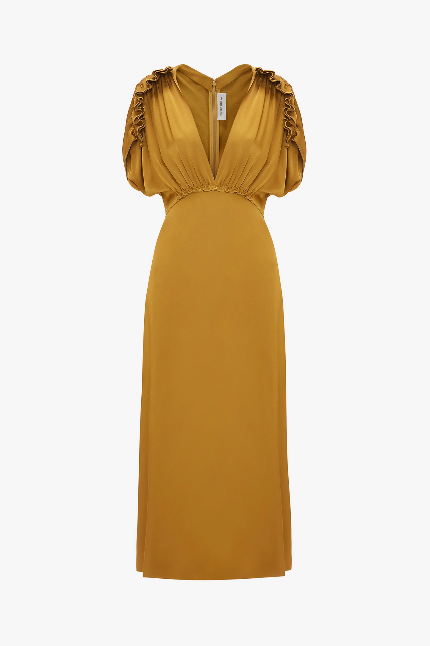 A Victoria Beckham V-Neck Ruffle Midi Dress In Harvest Gold with short puffed sleeves, a deep v-neck, and gathered detailing at the shoulder and waist exudes a seductive quality.