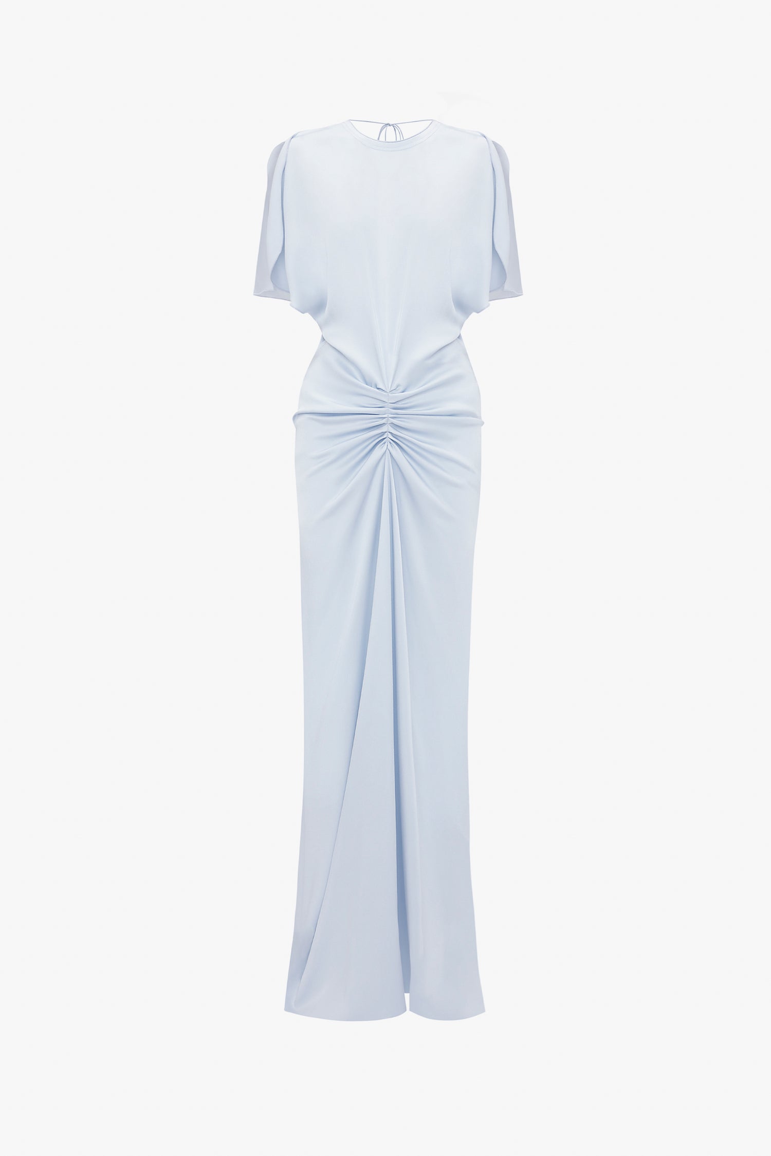 Light blue Exclusive Floor-Length Gathered Dress In Ice by Victoria Beckham with short sleeves and a cinched detail at the waist, creating a waist-defining silhouette. The dress features a round neckline, an elegant open back, and a smooth, flowing skirt for a timeless look.