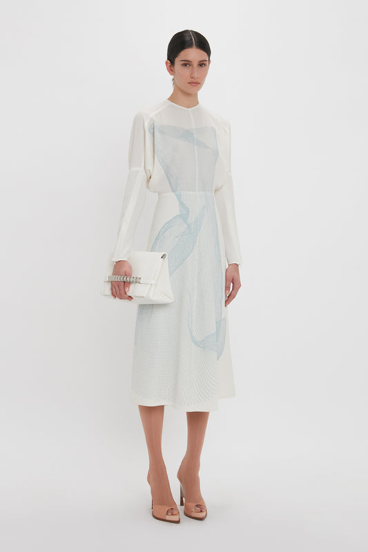 Long Sleeve Dolman Midi Dress In White-Blue Contorted Net