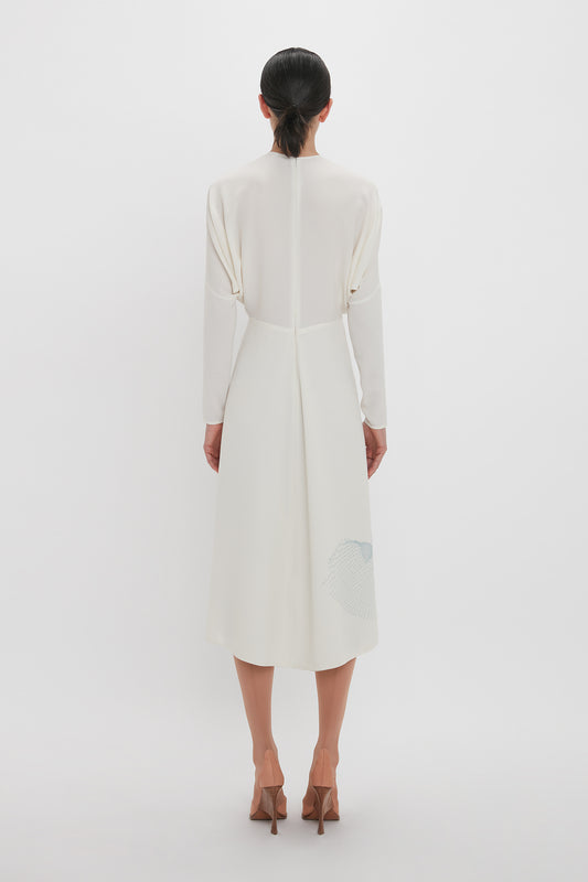 Long Sleeve Dolman Midi Dress In White-Blue Contorted Net