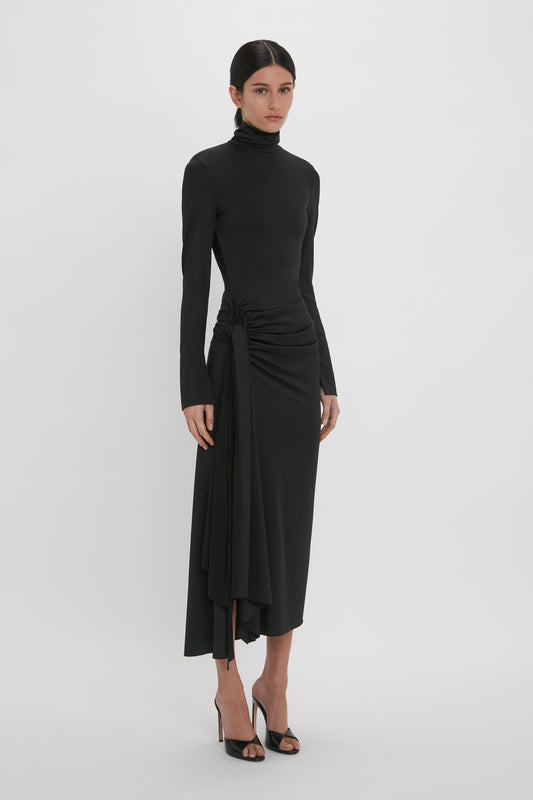 High Neck Asymmetric Draped Dress In Black