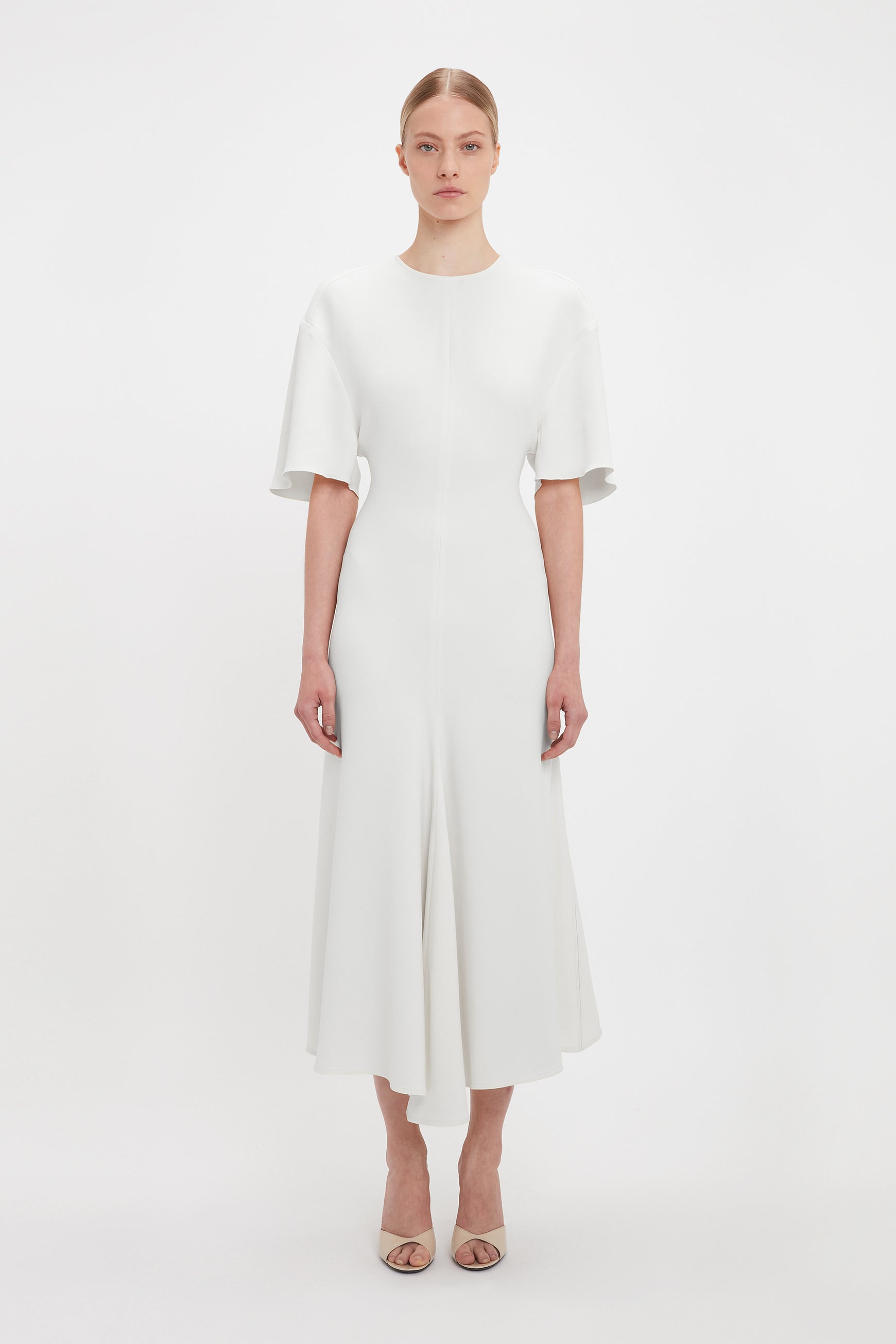 Exclusive Short Sleeve Drop Shoulder Midi Dress In Ivory – Victoria Beckham