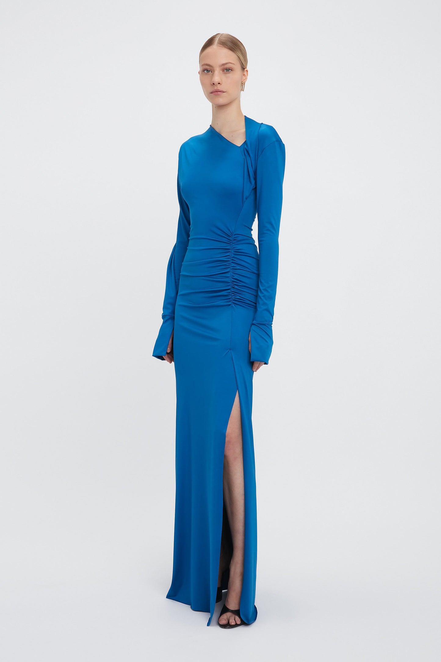 Long Sleeve Slash-Neck Jersey Floor-Length Gown In Ocean Blue