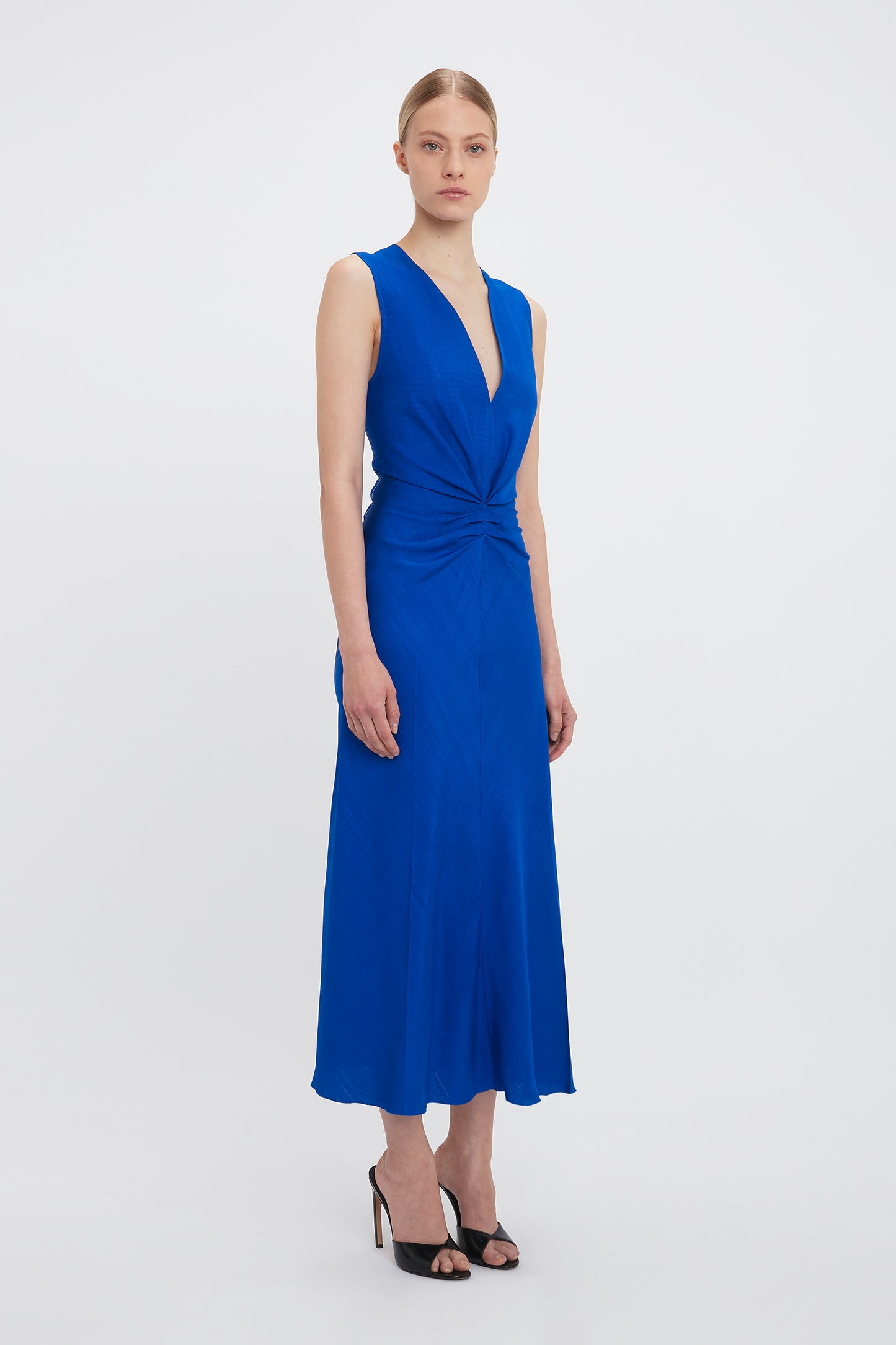 Sleeveless Gathered Waist Midi Dress In Palace Blue