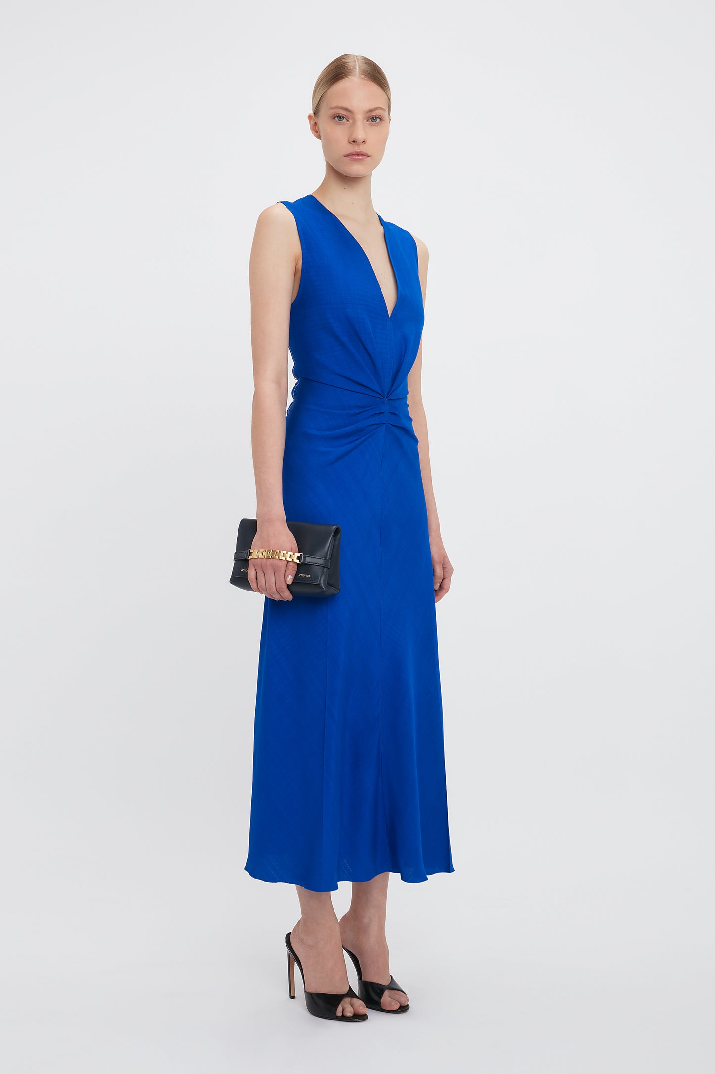 Sleeveless Gathered Waist Midi Dress In Palace Blue