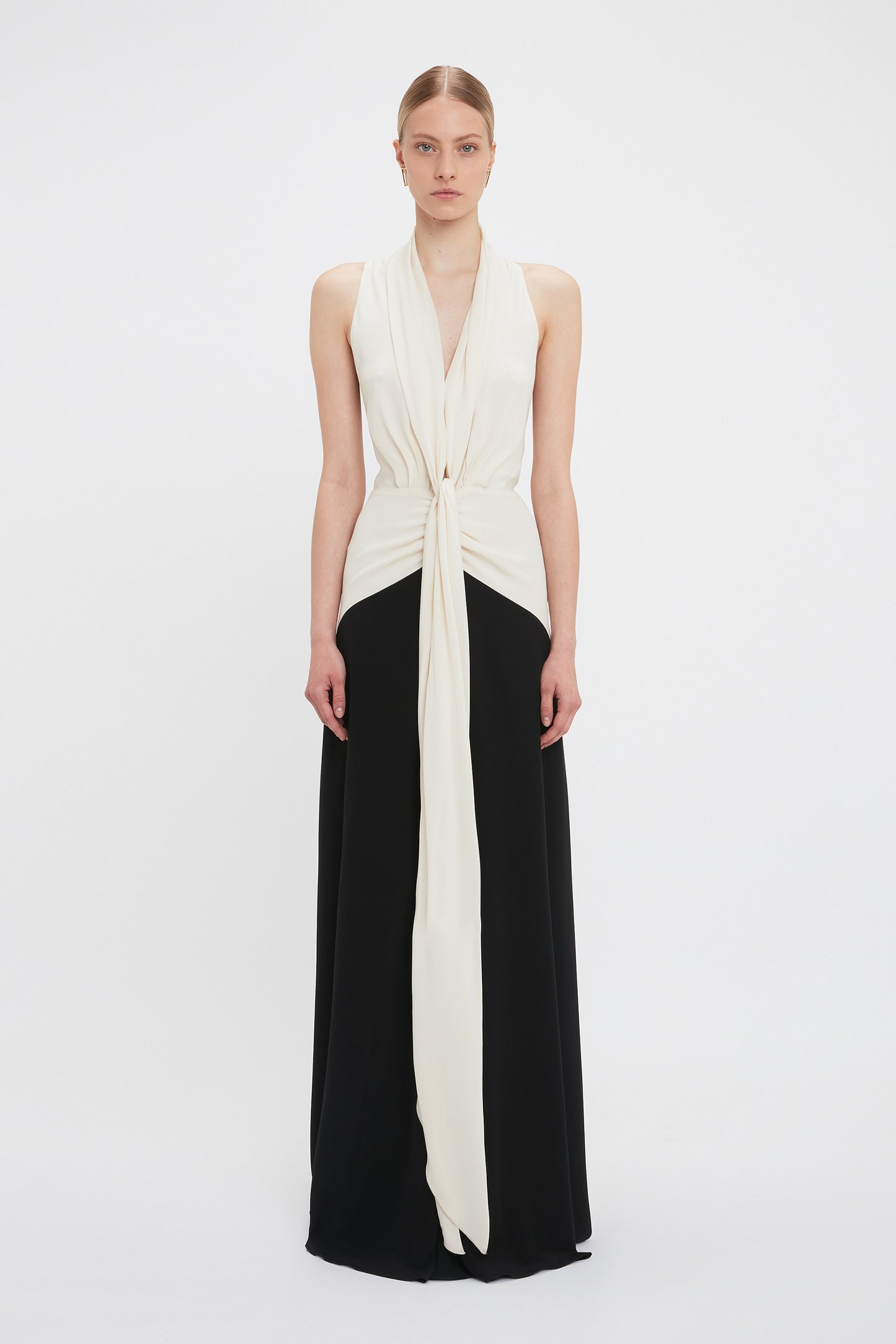 Exclusive Sleeveless Tie Detail Gown In Ivory-Black