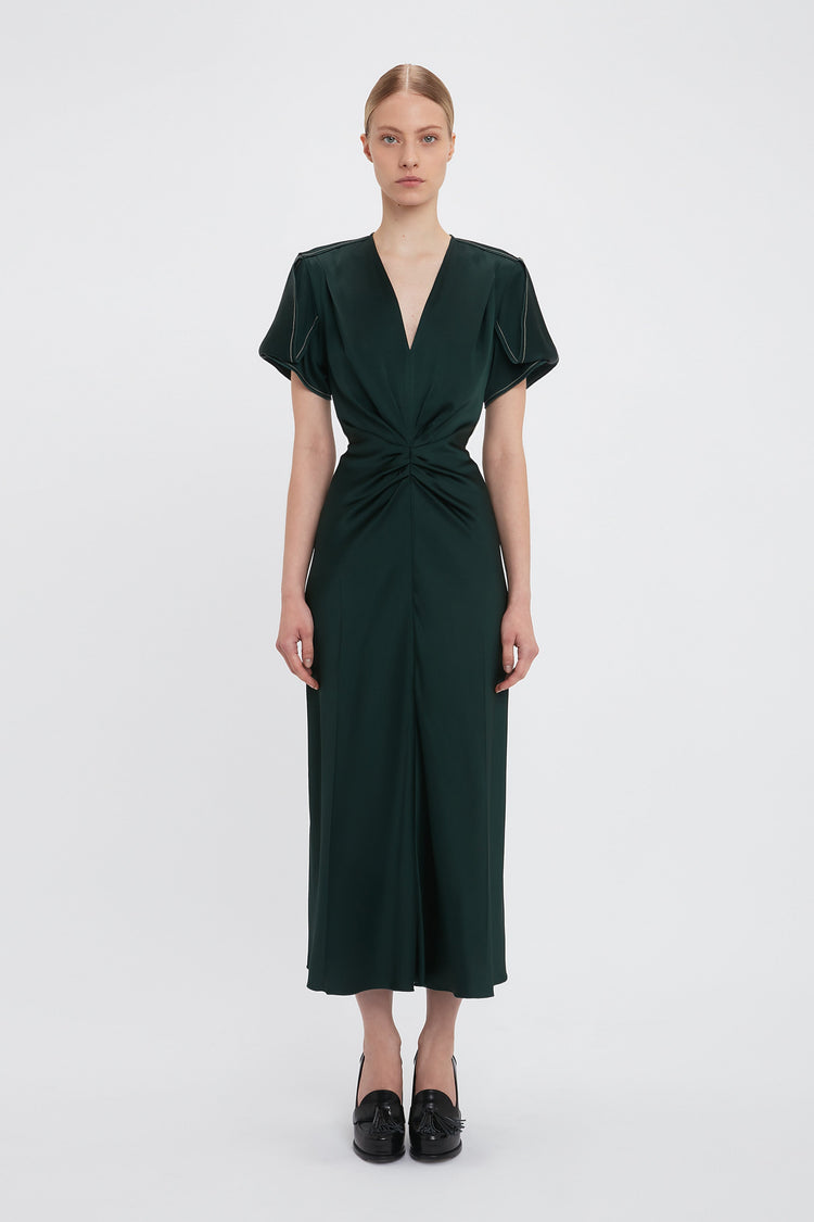 Gathered V-Neck Midi Dress In Seaweed