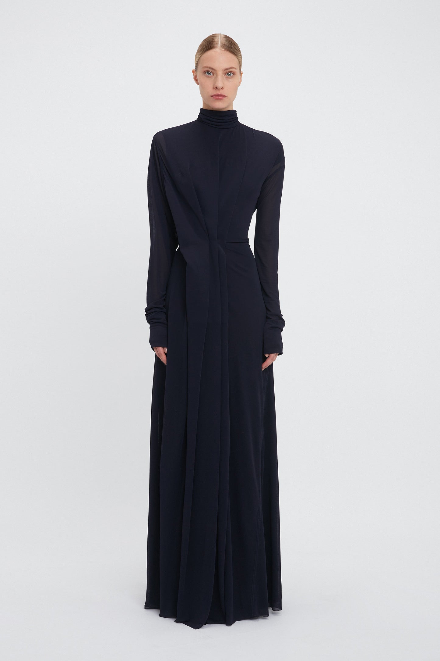 Long Sleeve Draped Jersey Floor-Length Gown In Ink Blue